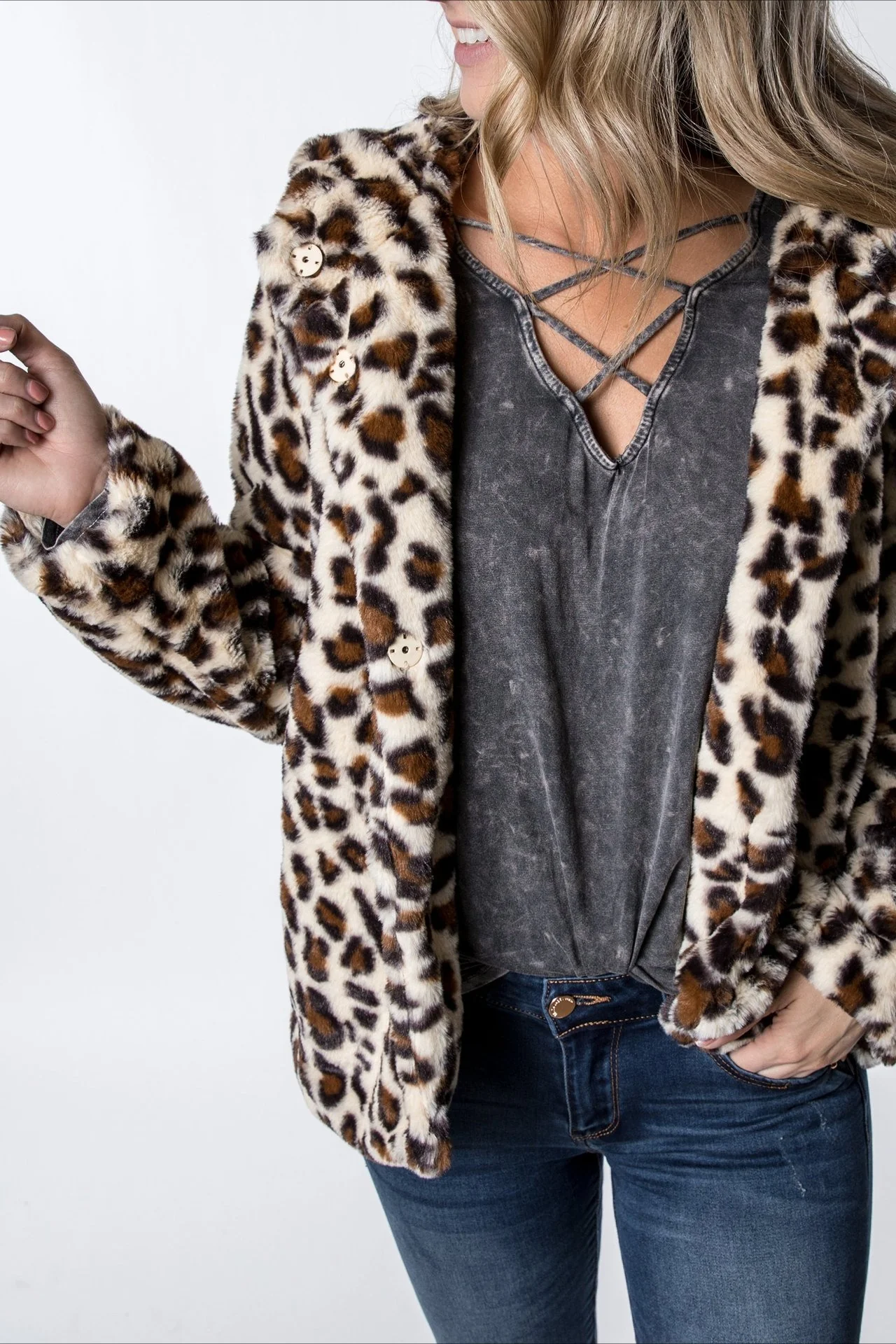 Plush Leopard Print Hooded Warm Coat - Image 2