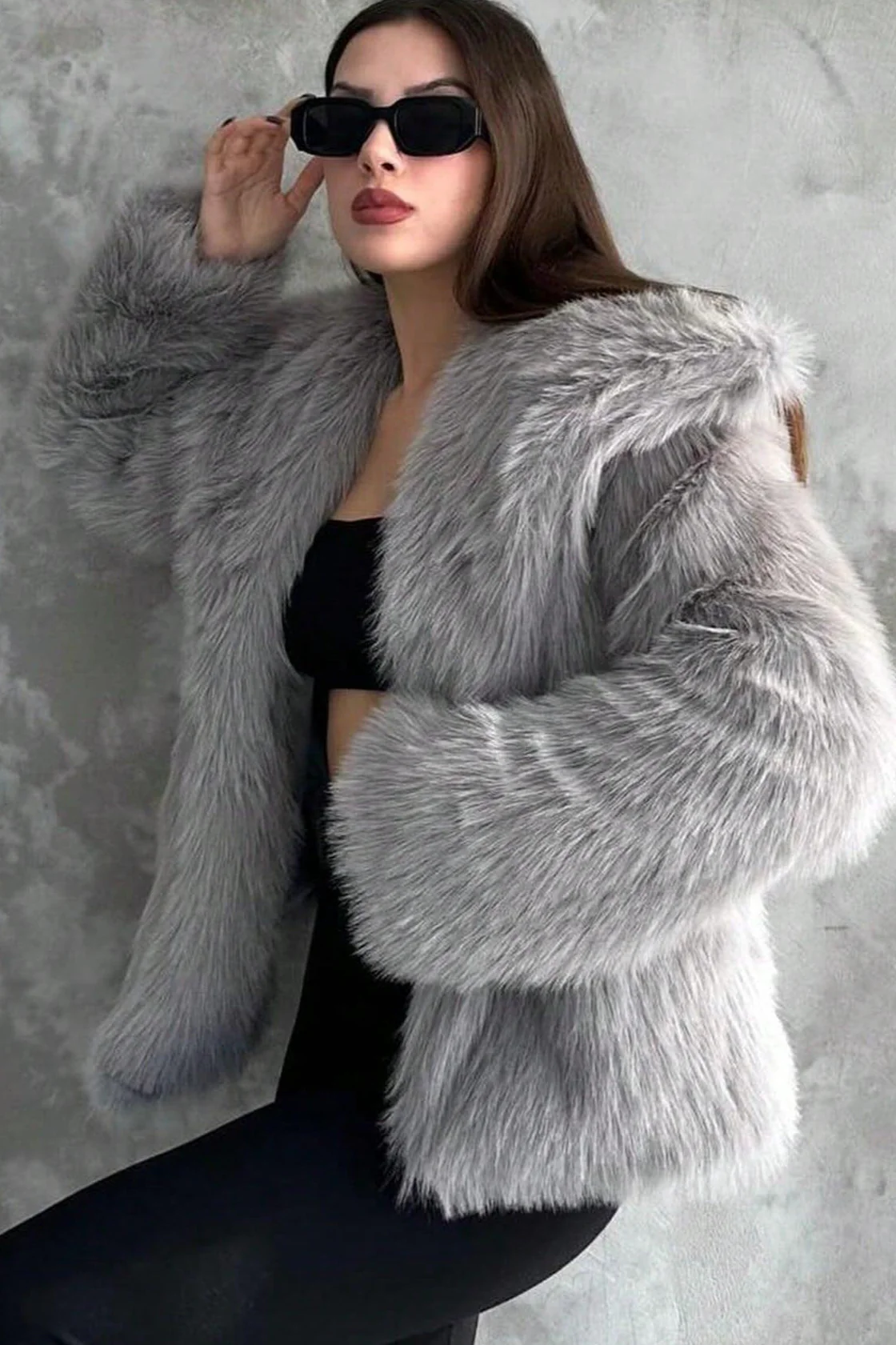 Plush Solid Color Faux Animal Fur Warm Notch Collar Coat - Image 8