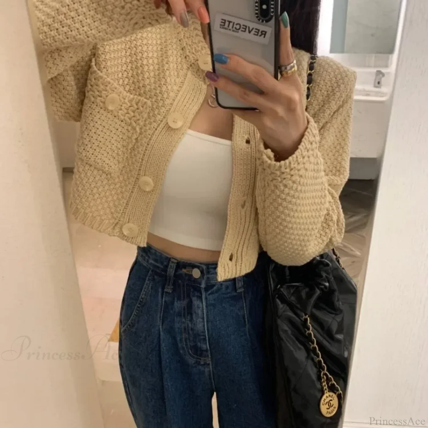 Pocket Cropped Solid O-Neck Knit Cardigan - Image 4