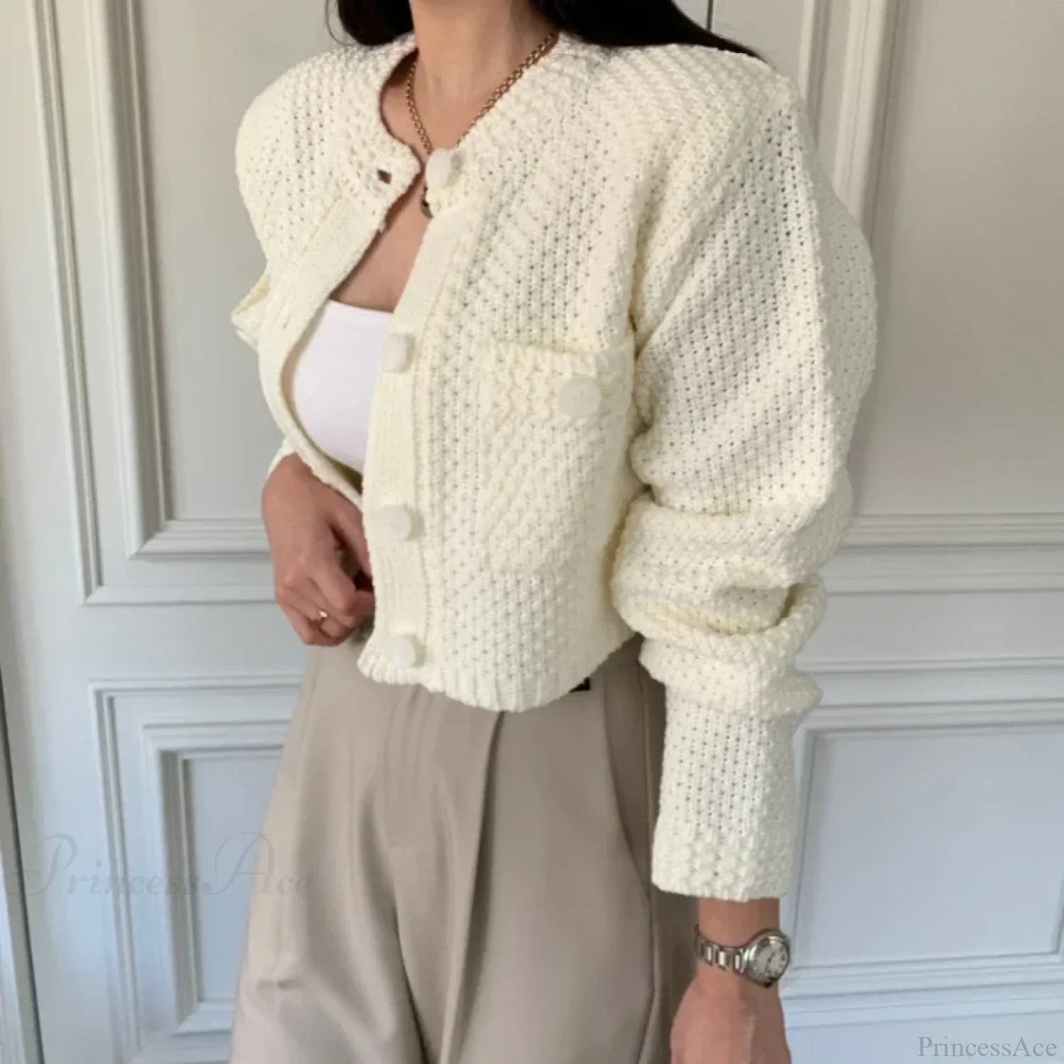 Pocket Cropped Solid O-Neck Knit Cardigan - Image 5