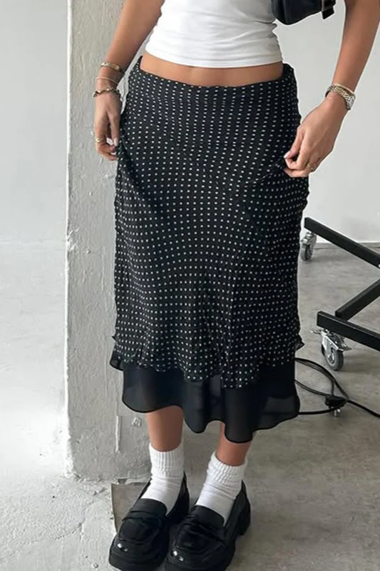 Polka Dot A-Line Mesh Midi Skirt - Image 3