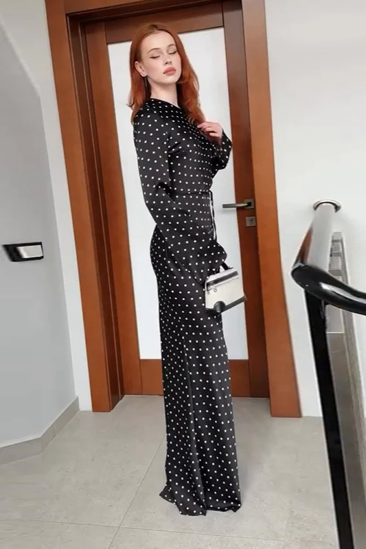 Polka Dot Black Long Sleeve Waist Tie Maxi Dress - Image 2