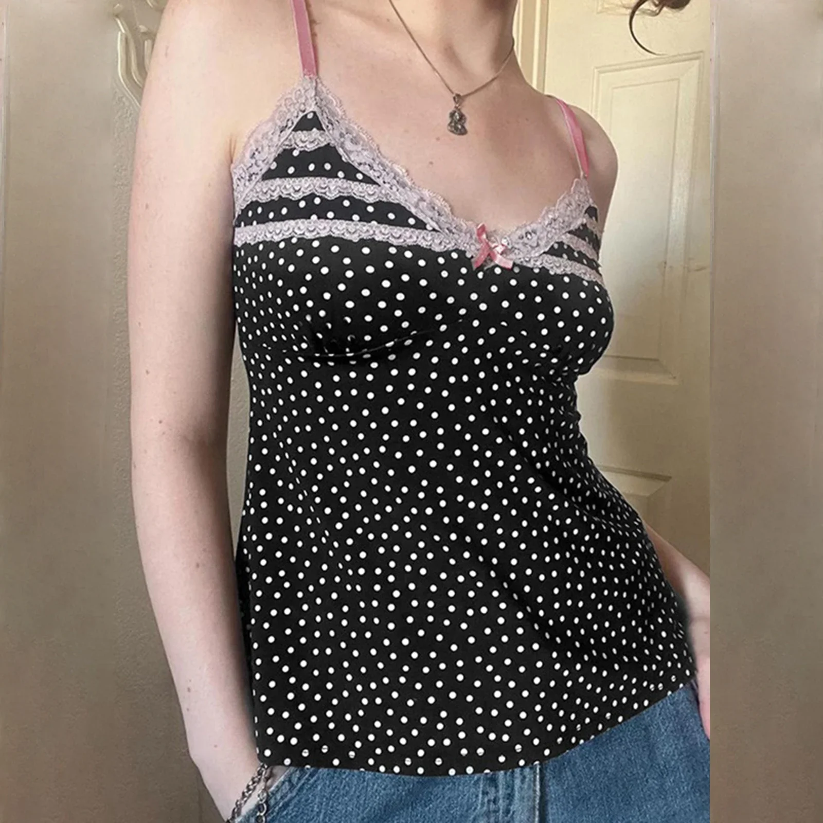 Polka Dot Bow Lace Crop Top - Image 3