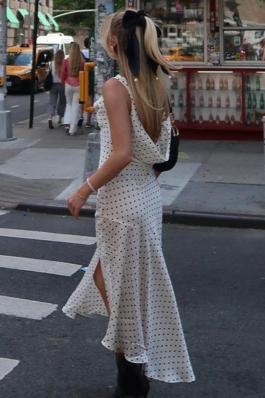 Polka Dot Cami V-Neck Backless Split Maxi Dress - Image 2