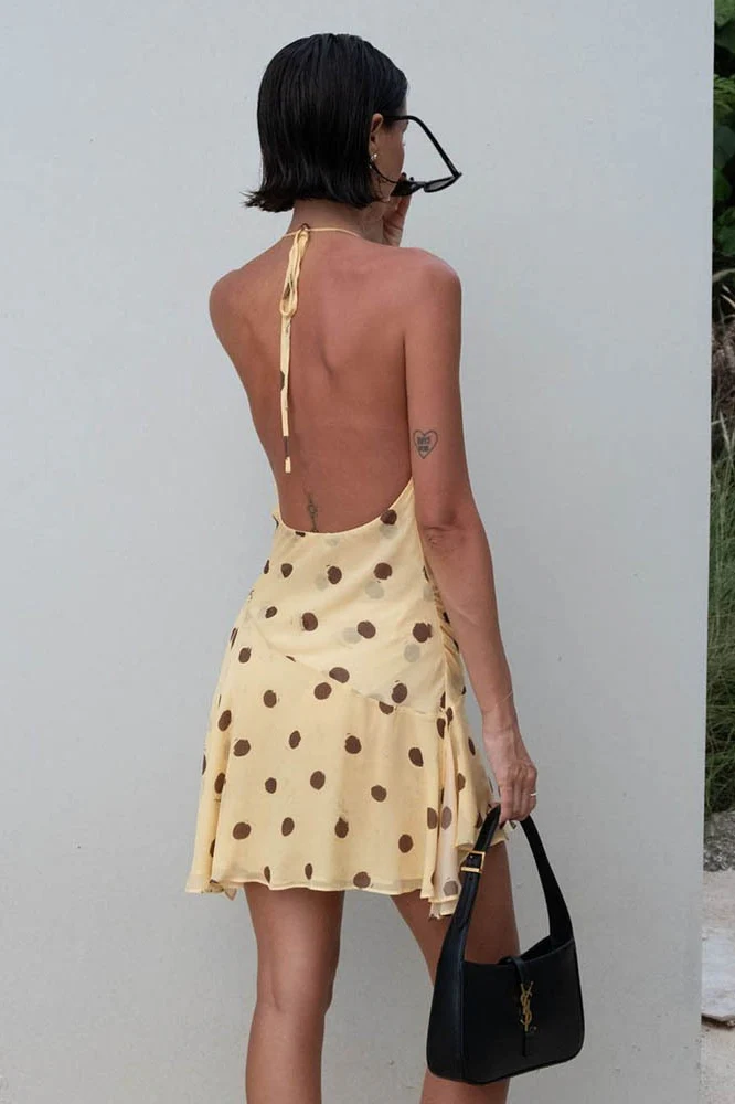 Polka Dot Chiffon Halter Deep V Slit Backless Mini Dress - Image 3