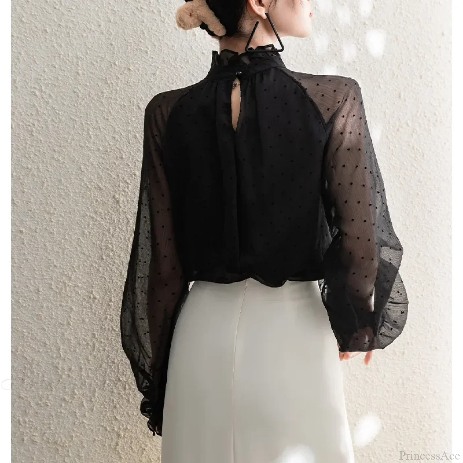 Polka Dot Chiffon Stand Collar Autumn Blouse - Image 4