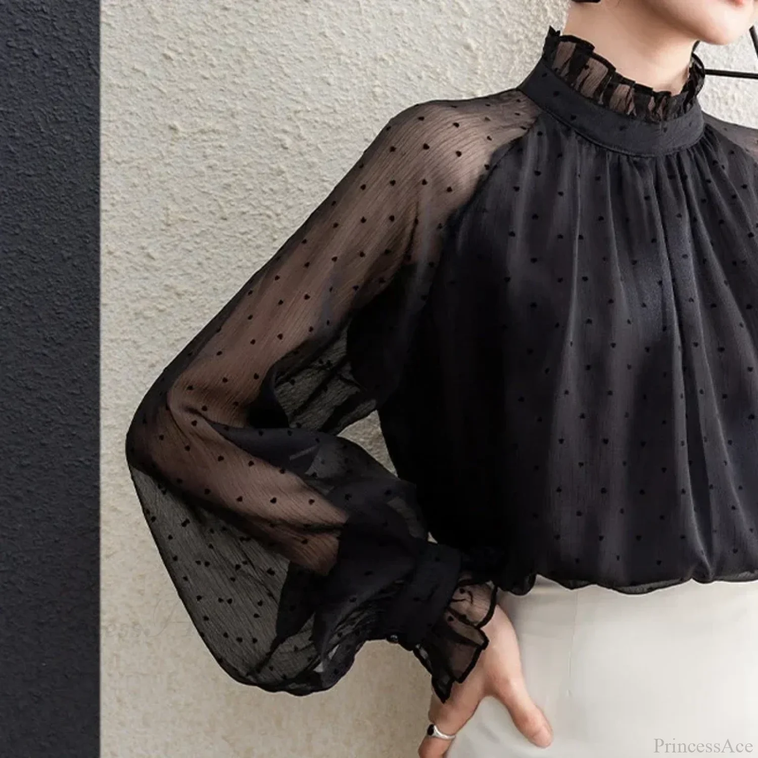 Polka Dot Chiffon Stand Collar Autumn Blouse - Image 5