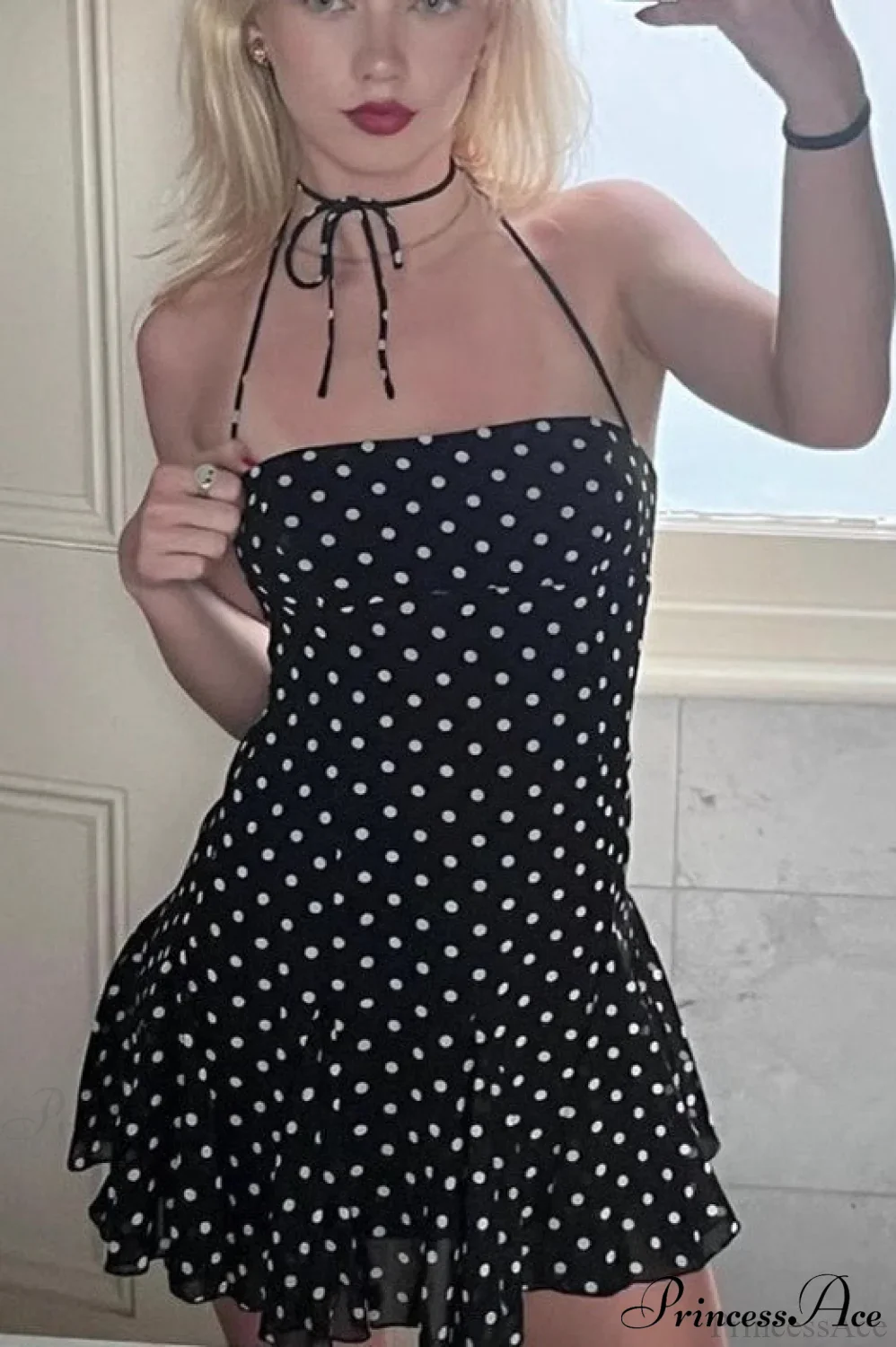 Polka Dot Halter Neck Backless Bodycon Mini Dress - Image 2