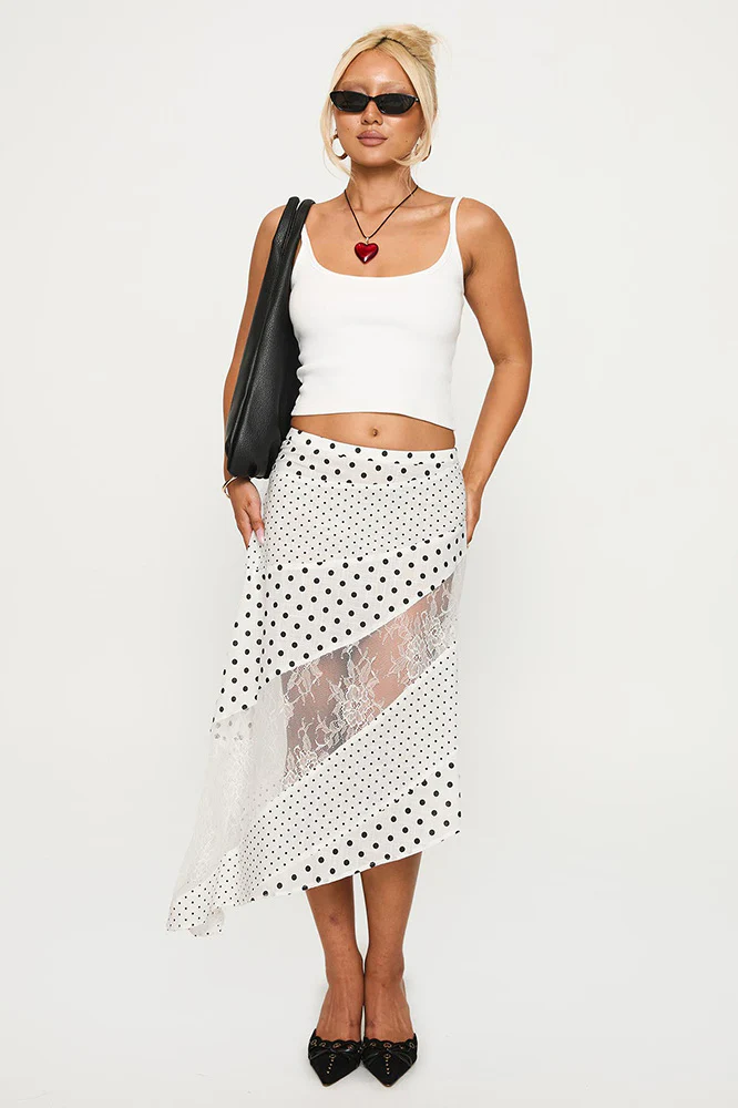 Polka Dot Lace Asymmetrical Midi Skirt - Image 3