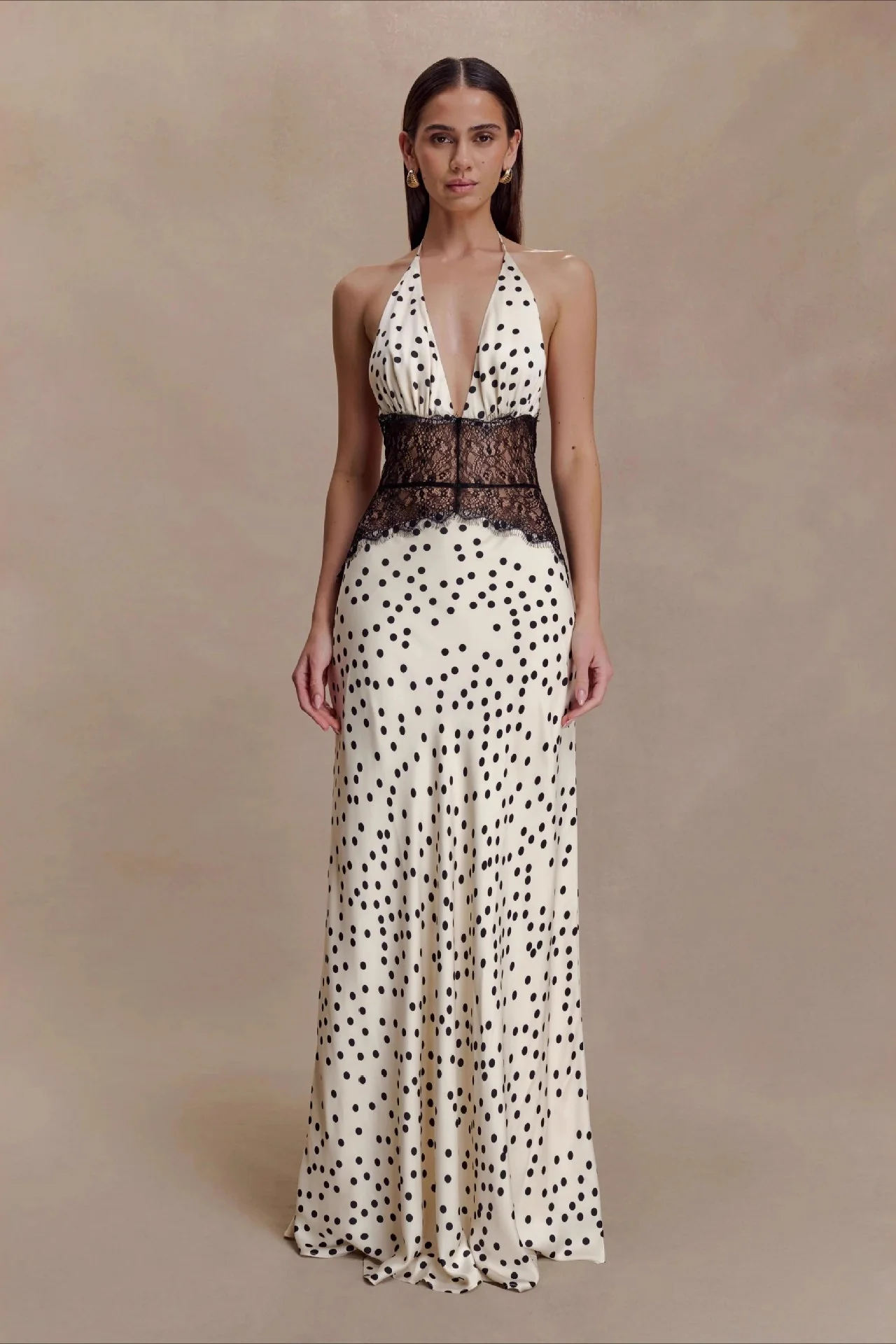 Polka Dot Lace Patchwork Deep V Backless Ruched Elegant Maxi Dress - Image 2