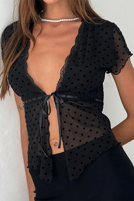 Polka Dot Loose Fit Short Sleeve Crop Top - Image 2