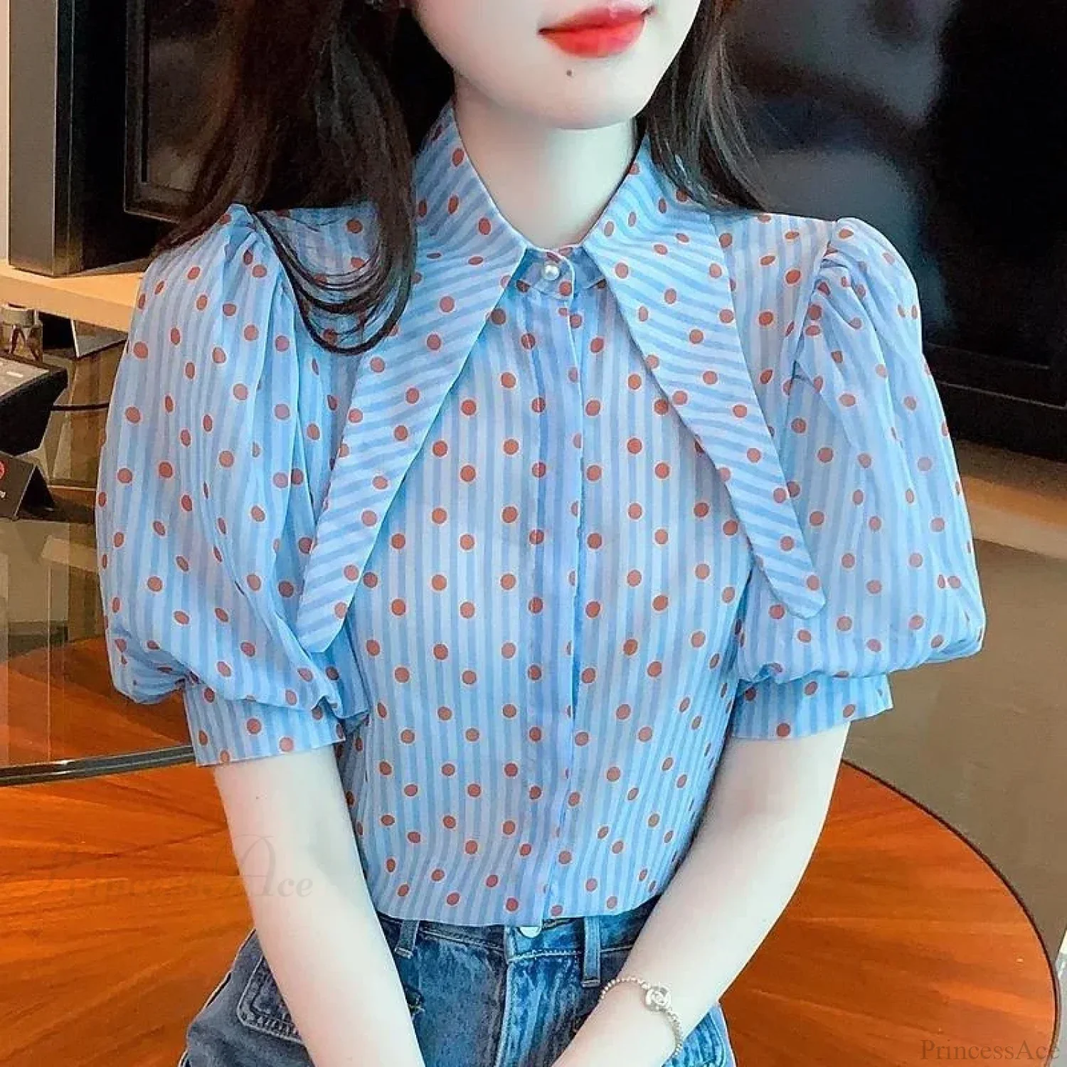 Polka Dot Print Elegant Loose Puff Sleeve Blouse - Image 2