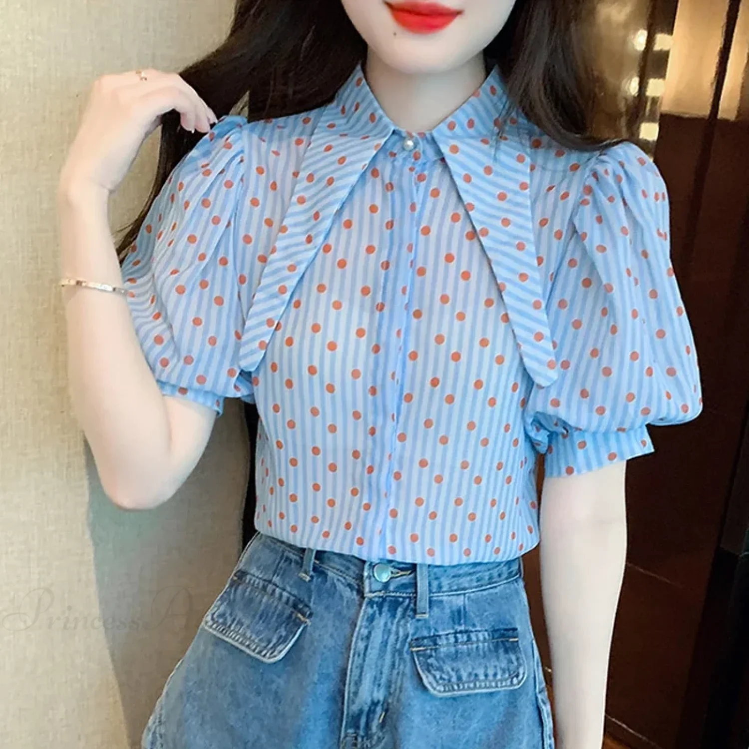Polka Dot Print Elegant Loose Puff Sleeve Blouse - Image 3