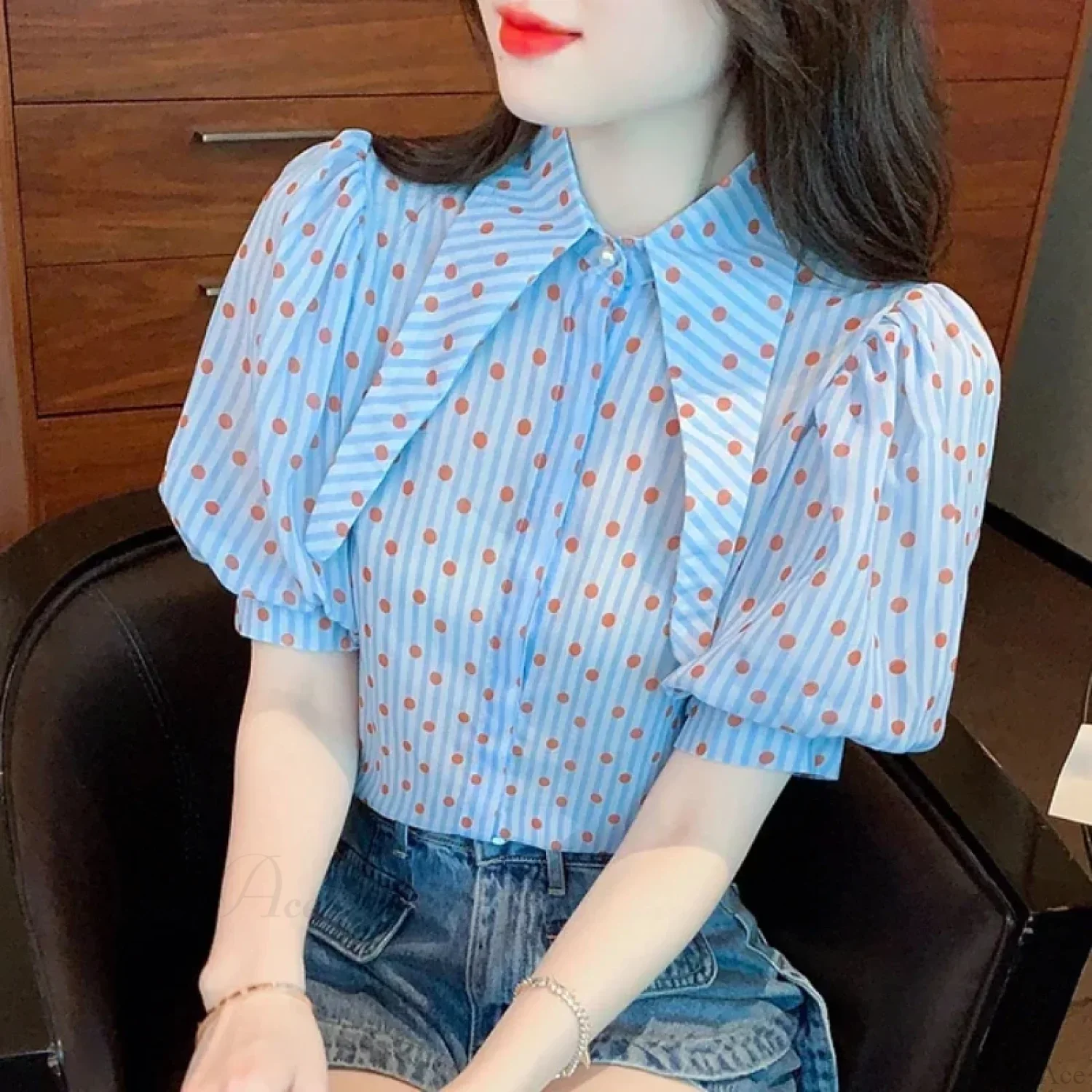 Polka Dot Print Elegant Loose Puff Sleeve Blouse - Image 4