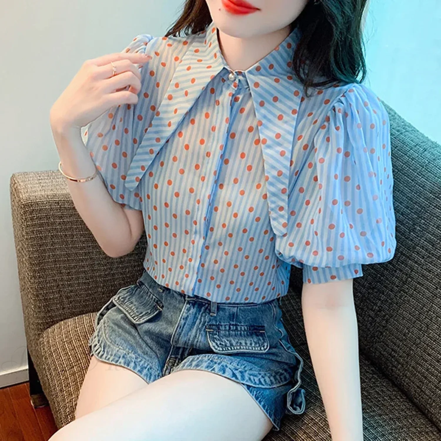 Polka Dot Print Elegant Loose Puff Sleeve Blouse - Image 5