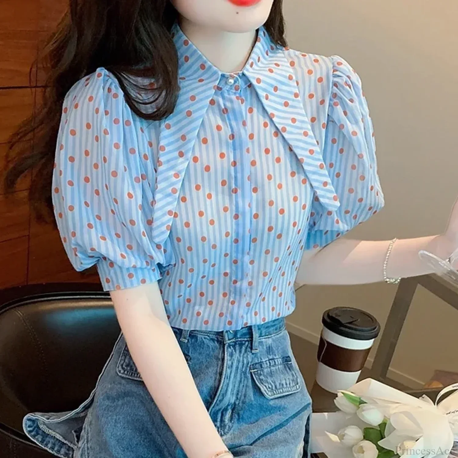 Polka Dot Print Elegant Loose Puff Sleeve Blouse - Image 6