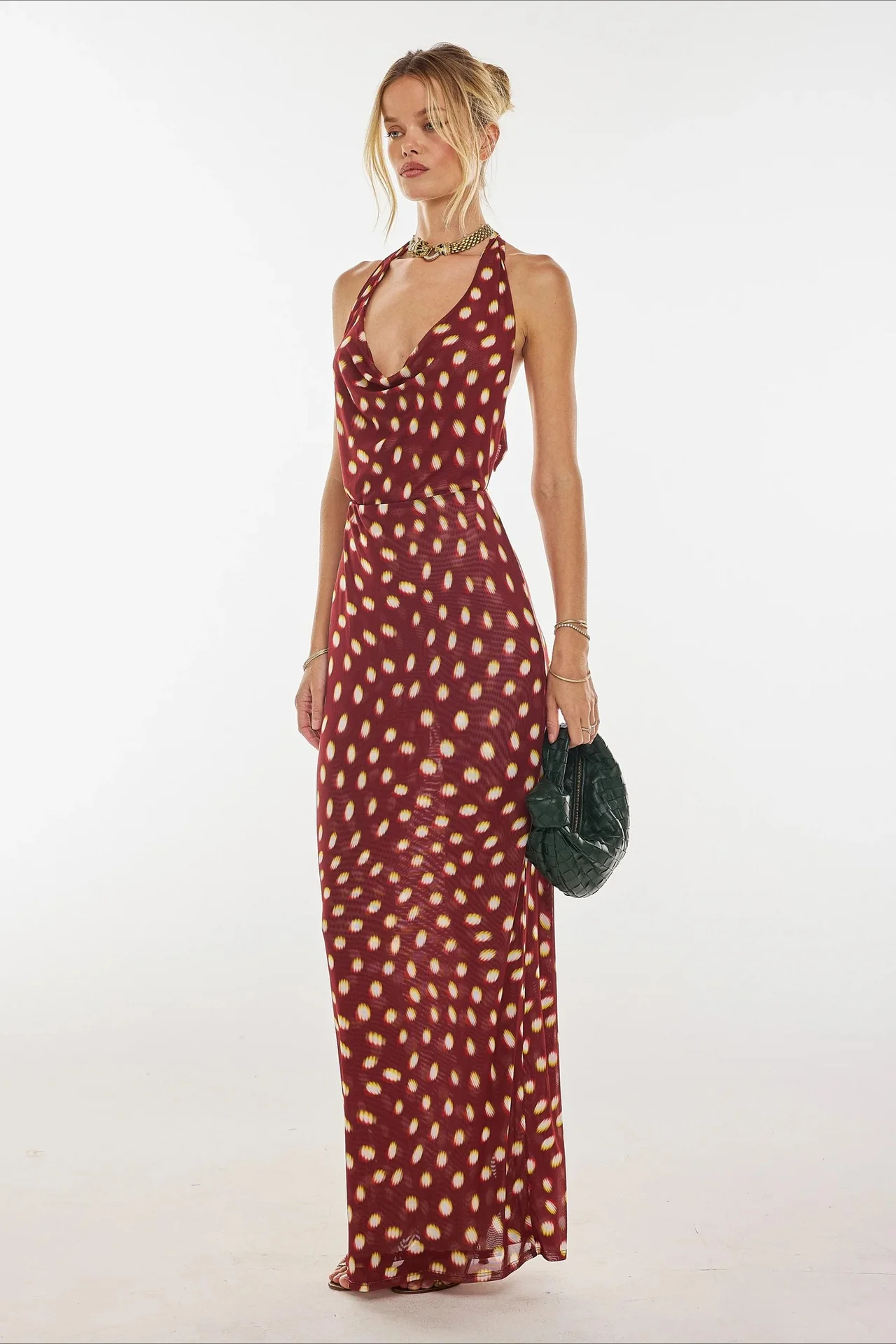 Polka Dot Print Halter Waist Tie Maxi Dress - Image 2