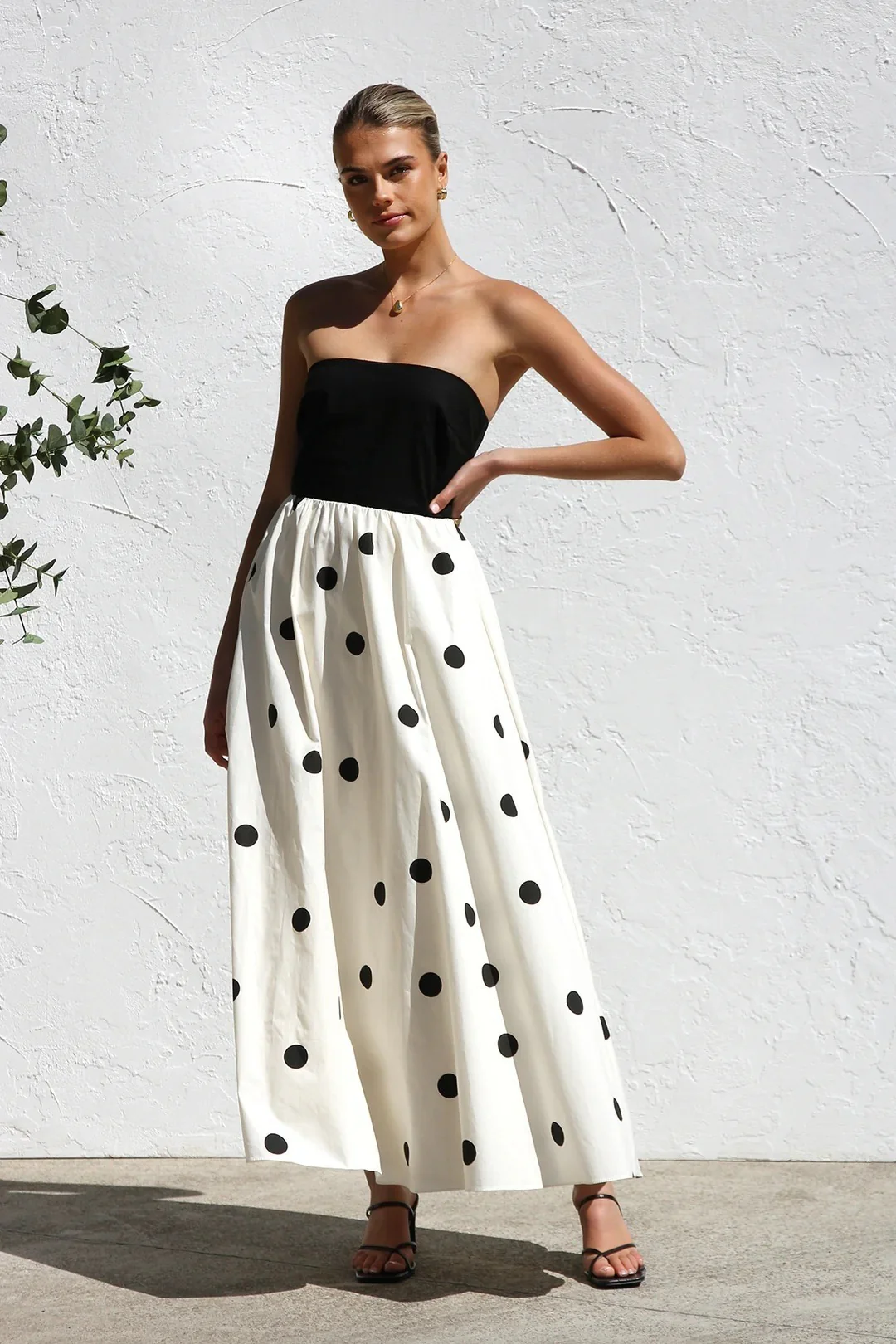 Polka Dot Print Strapless A-Line Maxi Dress - Image 3