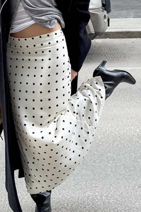 Polka Dot Satin Bodycon Midi Skirt