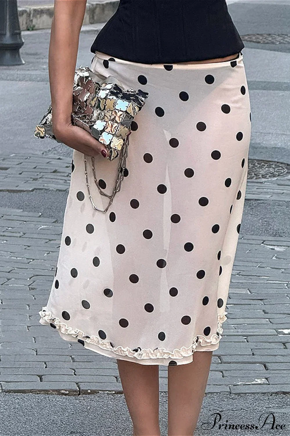 Polka Dot Satin High Waist A-Line Skirt