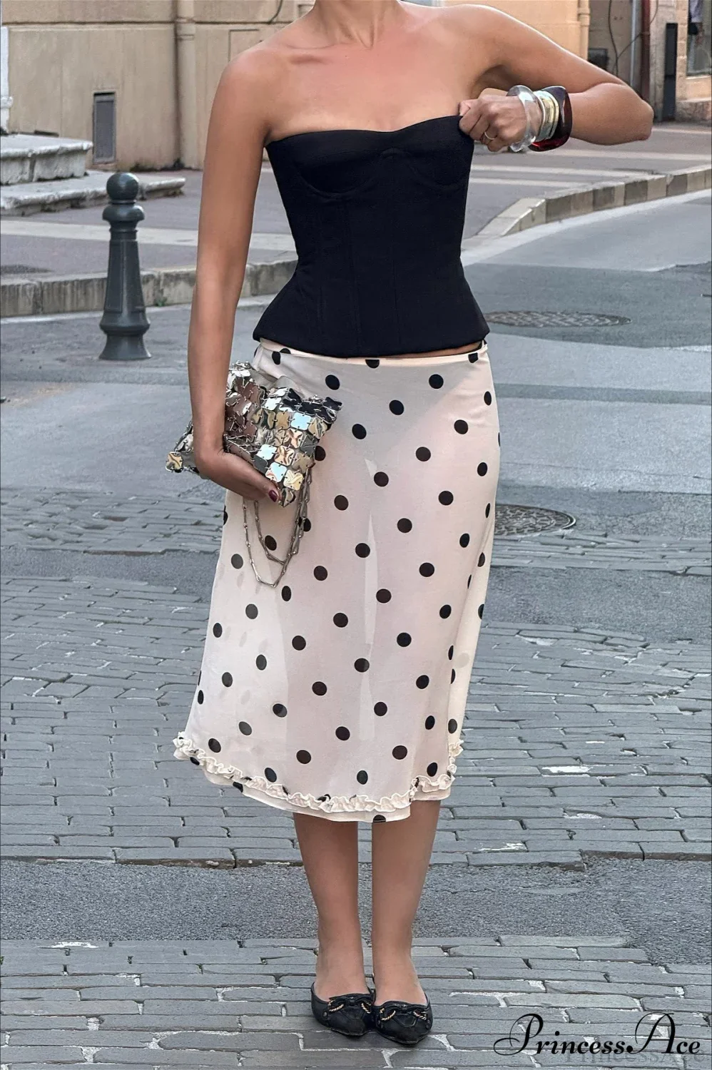 Polka Dot Satin High Waist A-Line Skirt - Image 3