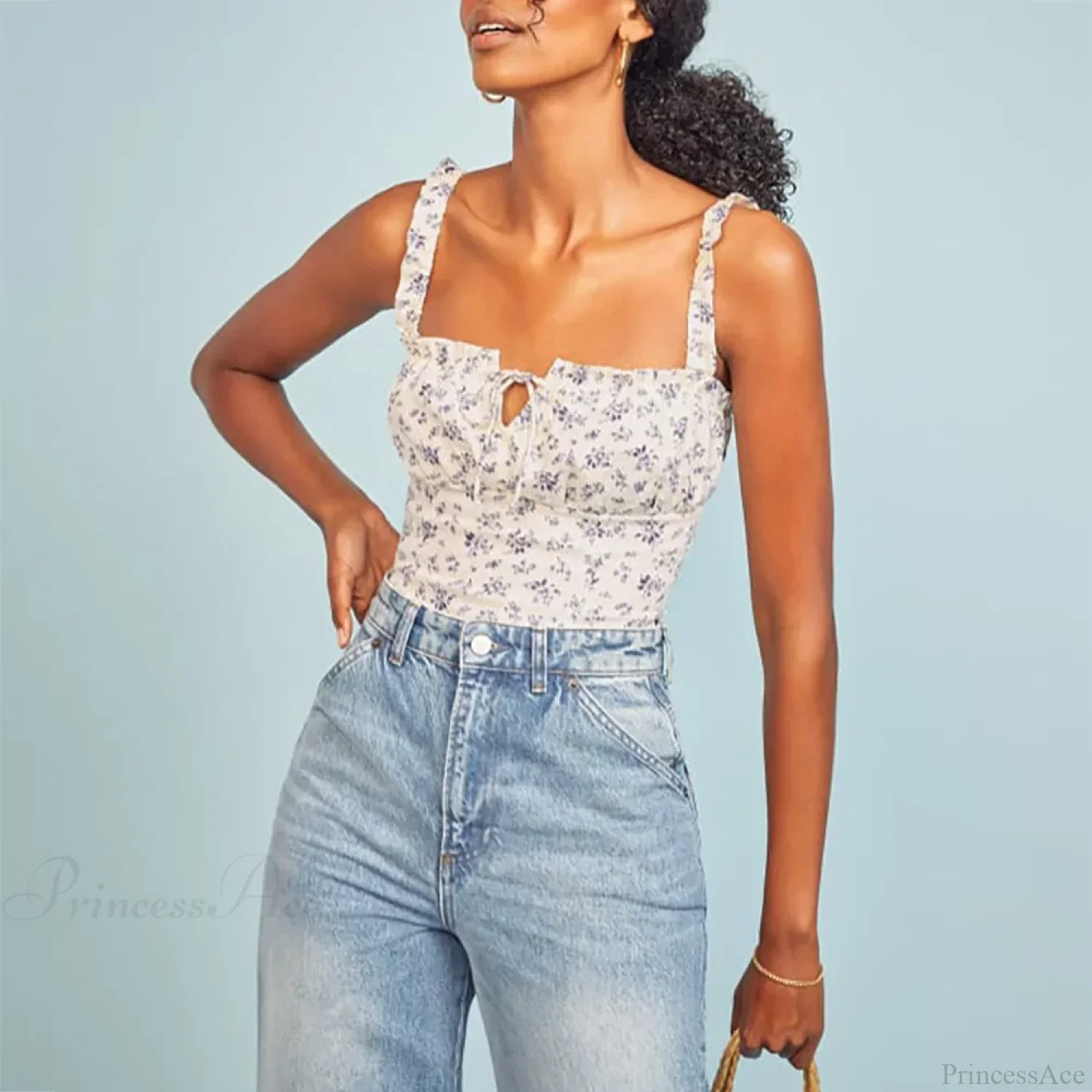 Polka Dot Square Neck Tie Sleeveless Frill Strap Smocked Fitted Sexy Crop Top - Image 6