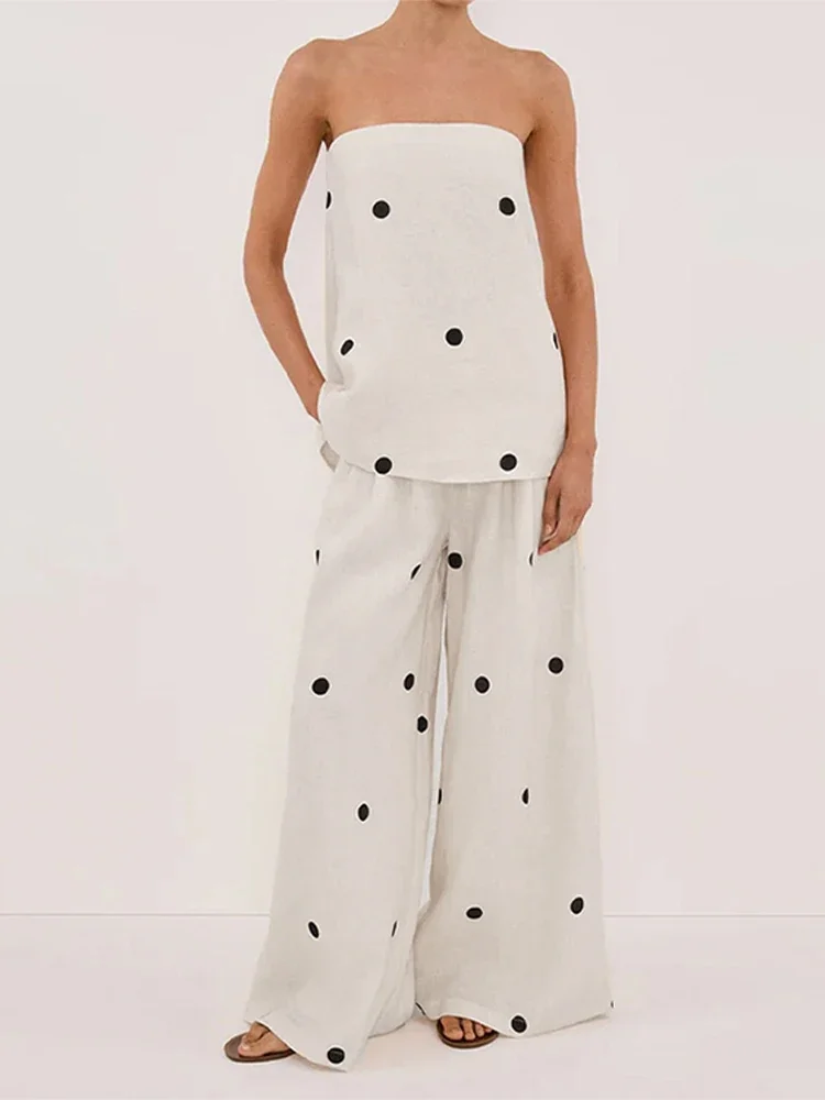 Polka Dot Tube Top Wide Pants Office Two Piece Set - Image 4