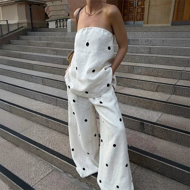 Polka Dot Tube Top Wide Pants Office Two Piece Set - Image 7