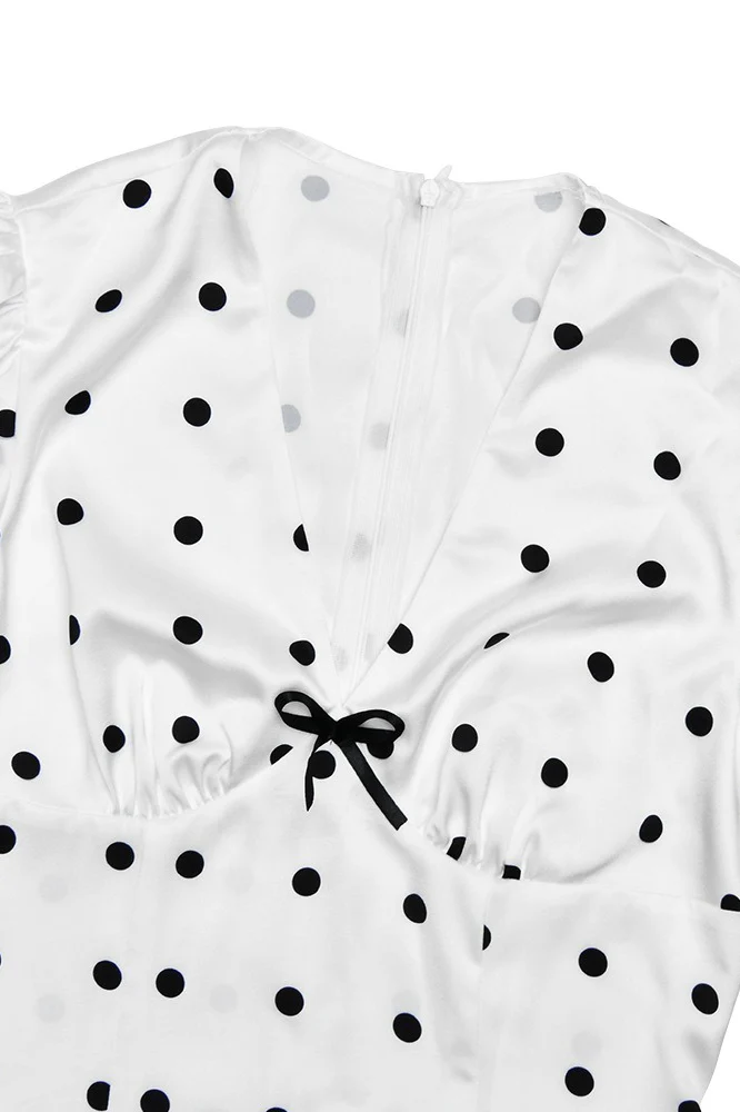 Polka Dot V-Neck Puff Sleeve Waist Tie Bodycon Maxi Dress - Image 4