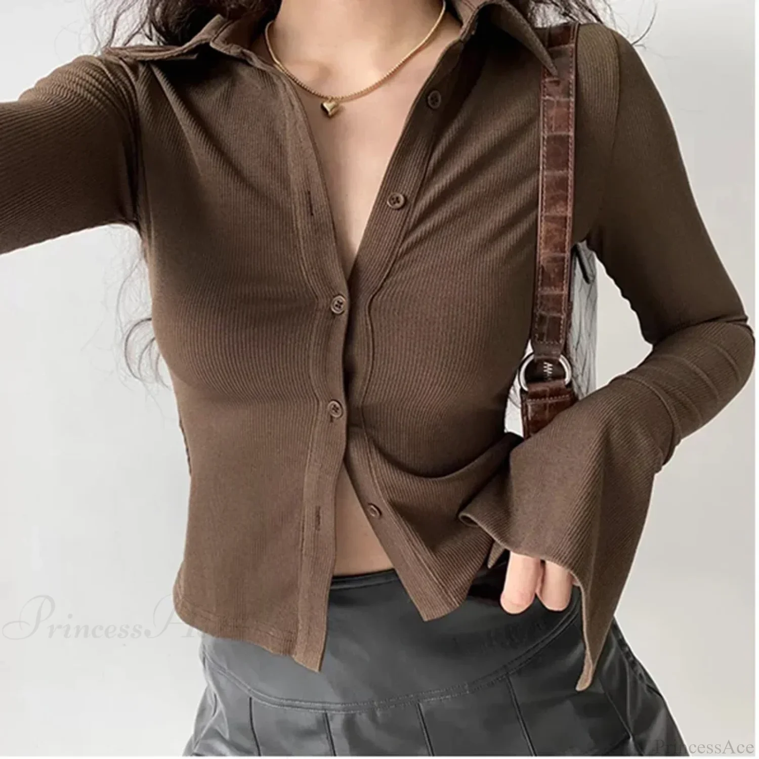 Polo Lapel Flared Sleeve Blouse - Image 10