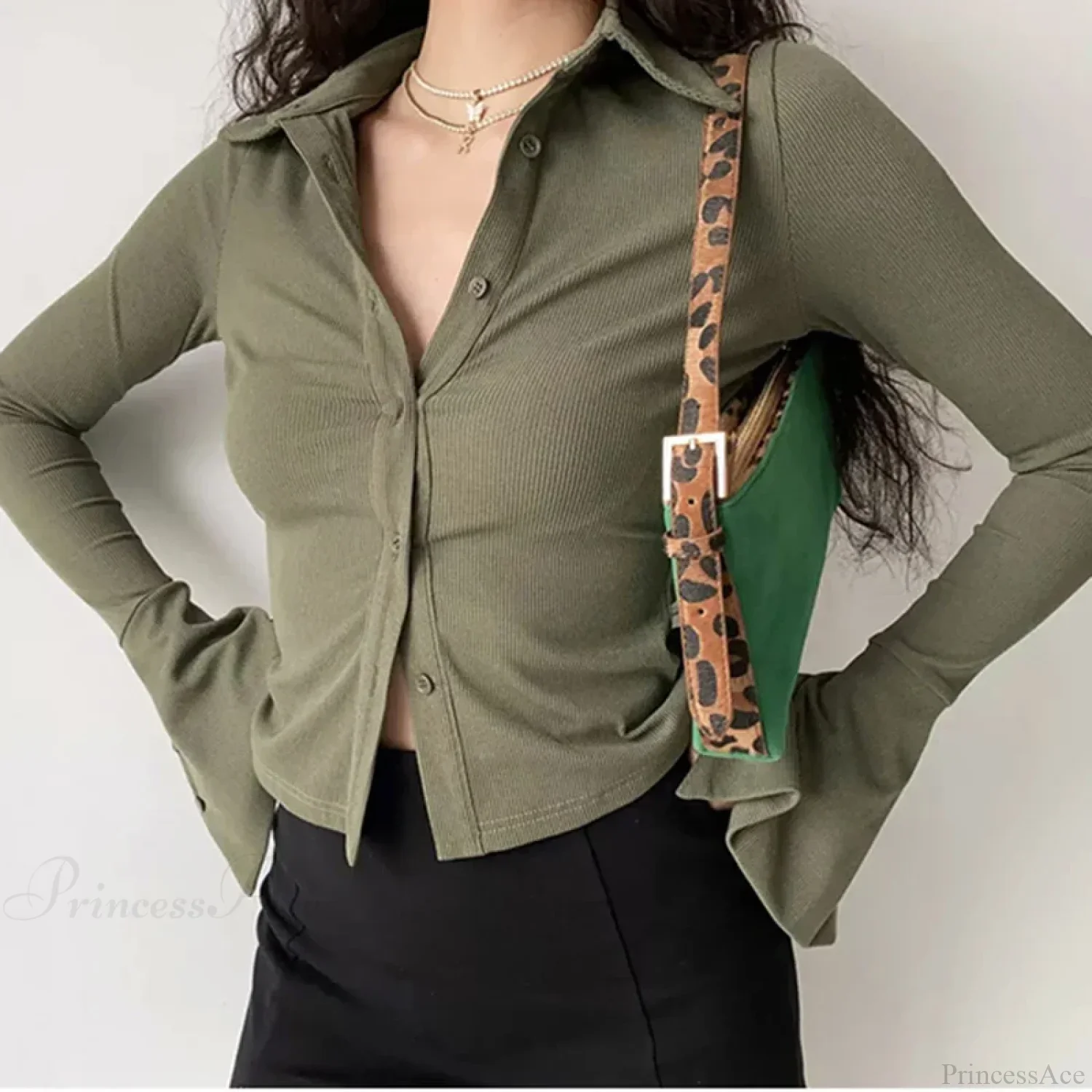 Polo Lapel Flared Sleeve Blouse - Image 4