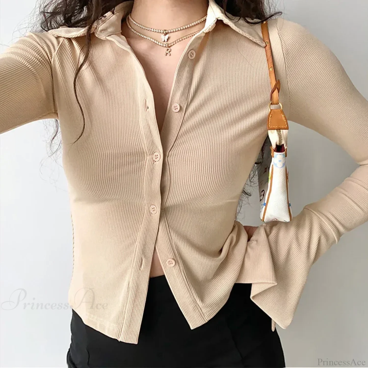 Polo Lapel Flared Sleeve Blouse - Image 6