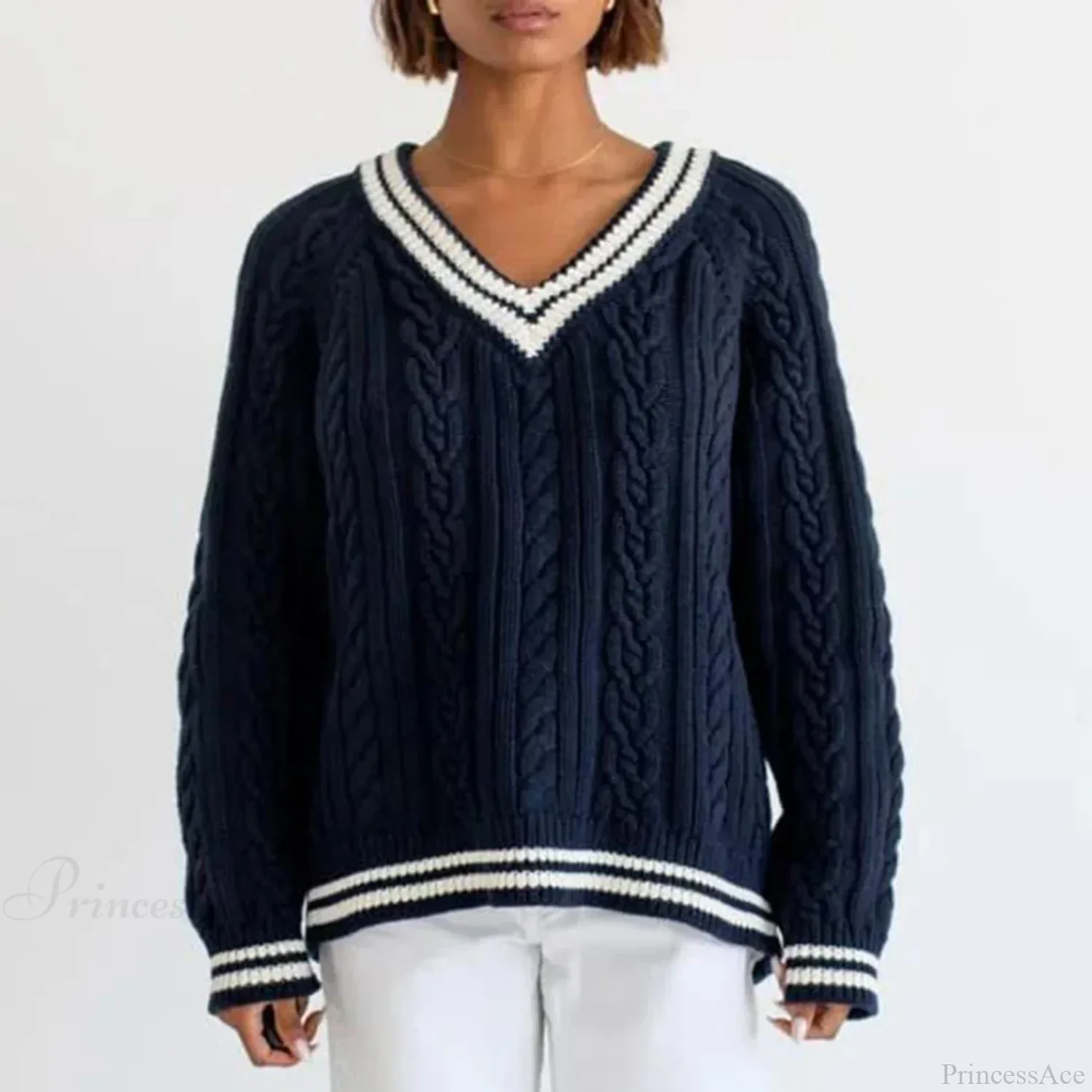 Preppy Cable Knit Striped V-neck Sweater - Image 3