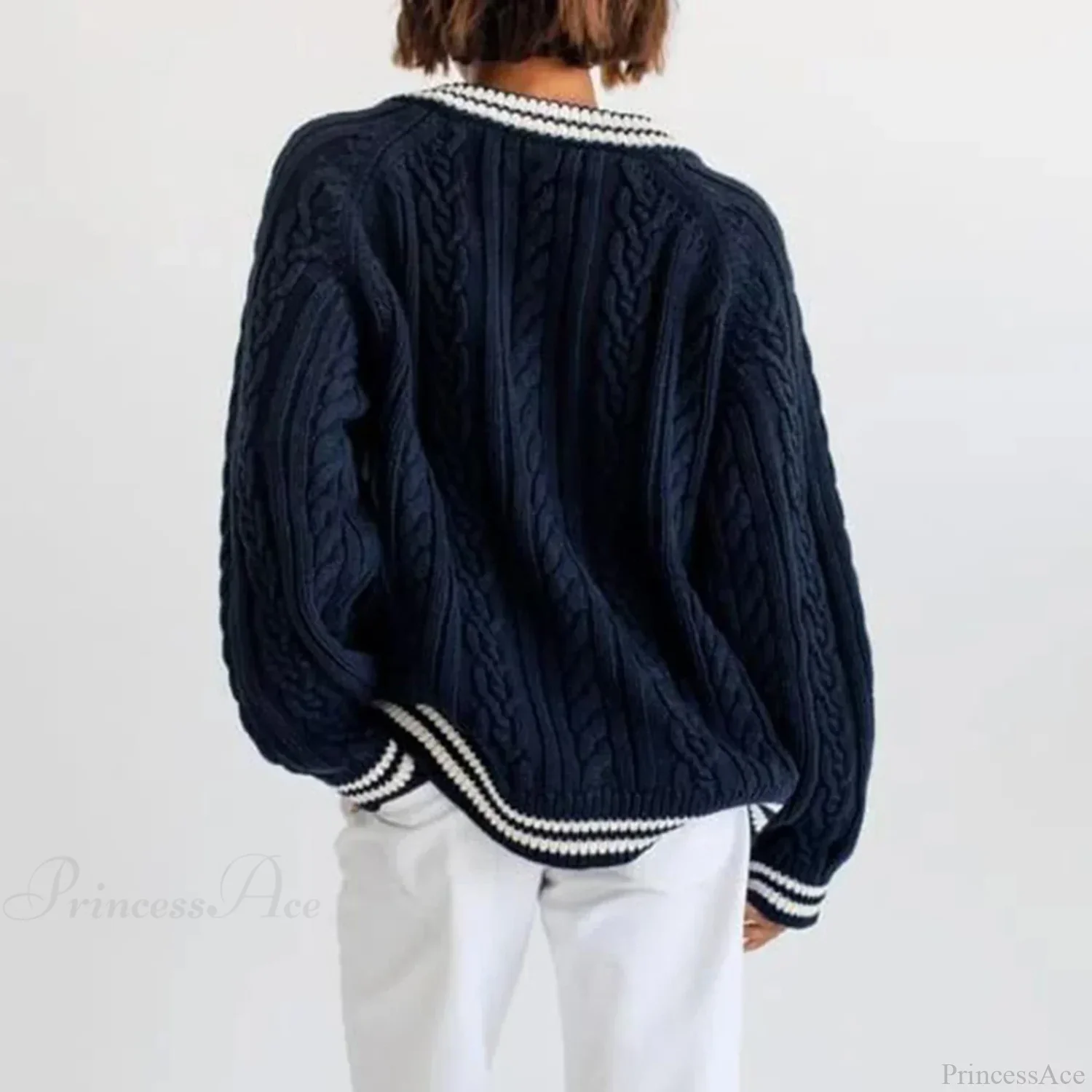 Preppy Cable Knit Striped V-neck Sweater - Image 4