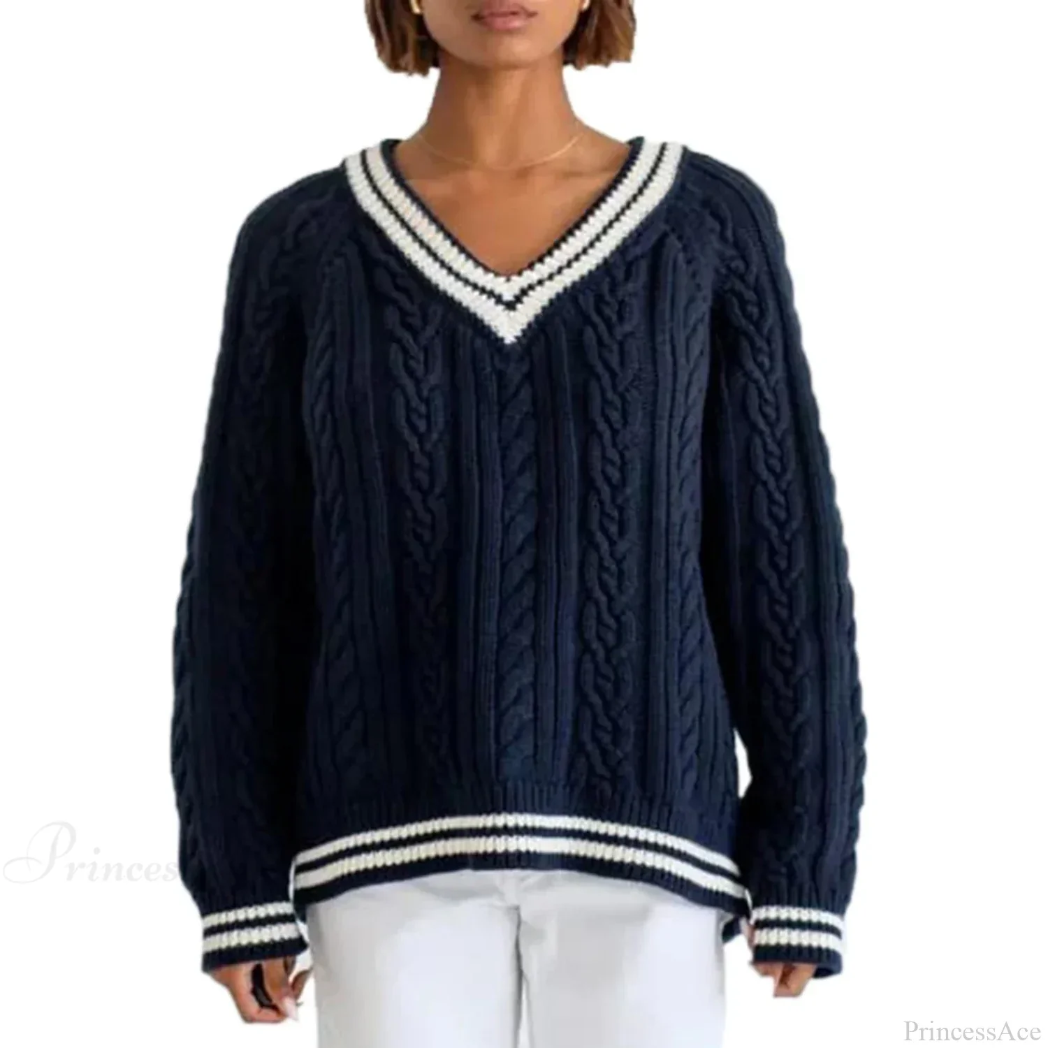 Preppy Cable Knit Striped V-neck Sweater - Image 6