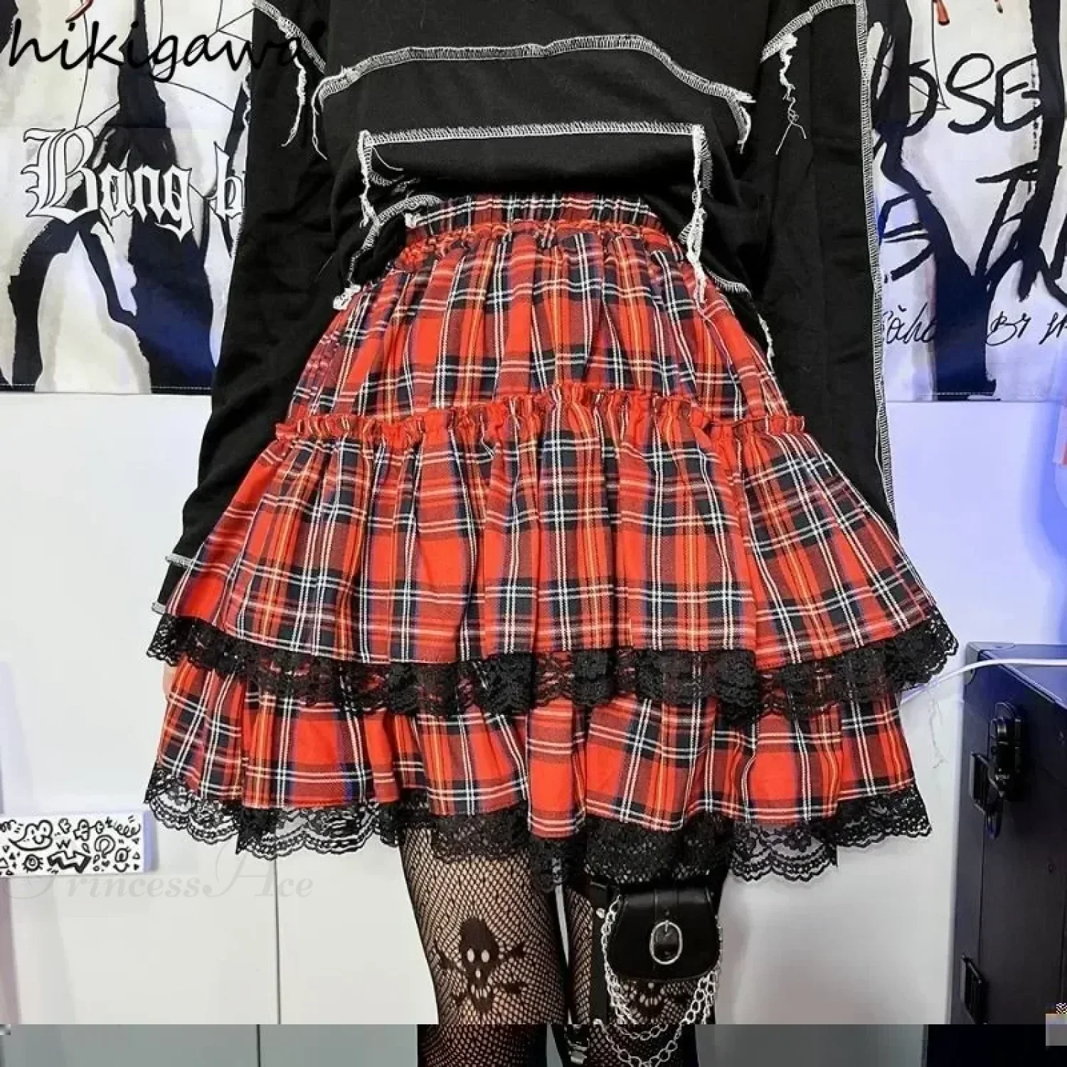 Preppy Plaid Patchwork Lace Skirt - Image 2