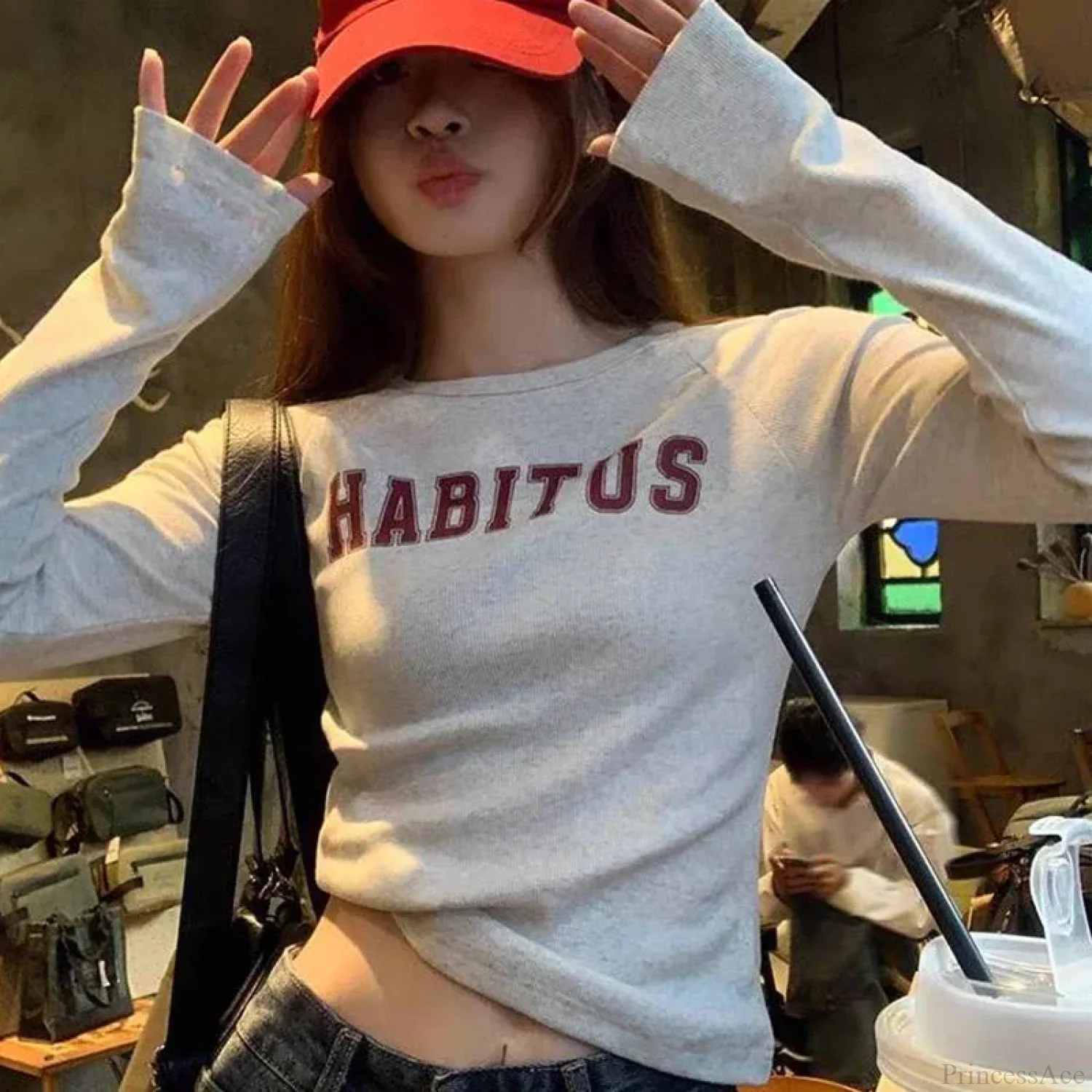 Preppy Y2K Letter Print Ribbed Long Sleeve Knit Top - Image 2