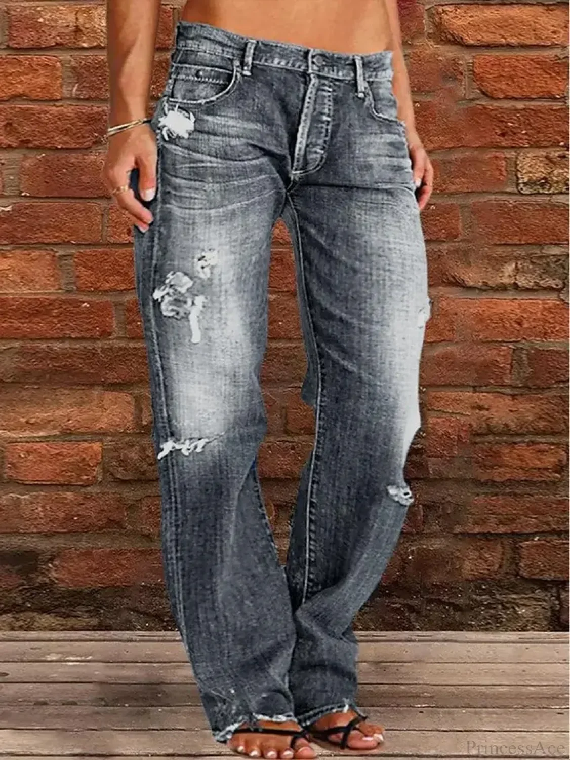 Vintage Middle-Waist Ripped Straight Blue Wide-Leg Denim Jeans - Image 3