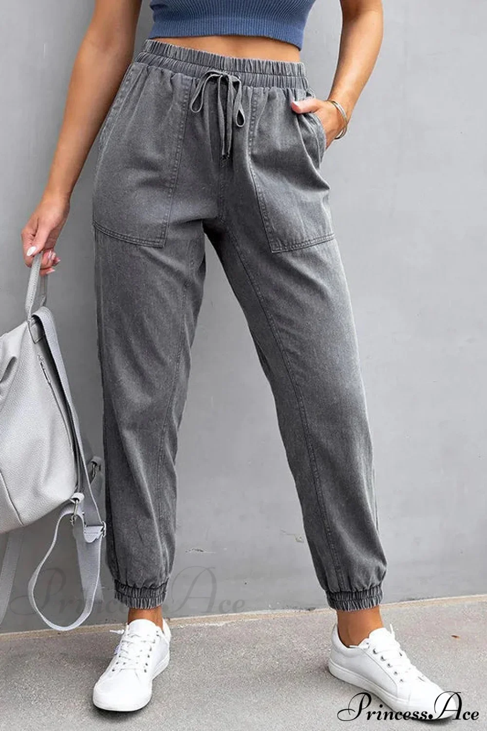 Stretch Women High Waist Wide Leg Casual Fashion Pocket Drawstring Women Clothing Mom Jean