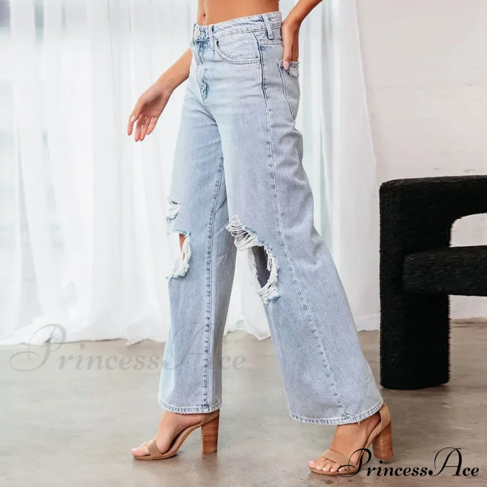 Fall High Waist Ripped New Blue Streetwear Casual Wide Leg Baggy Trendy Fashionable Denim Jean - Image 4