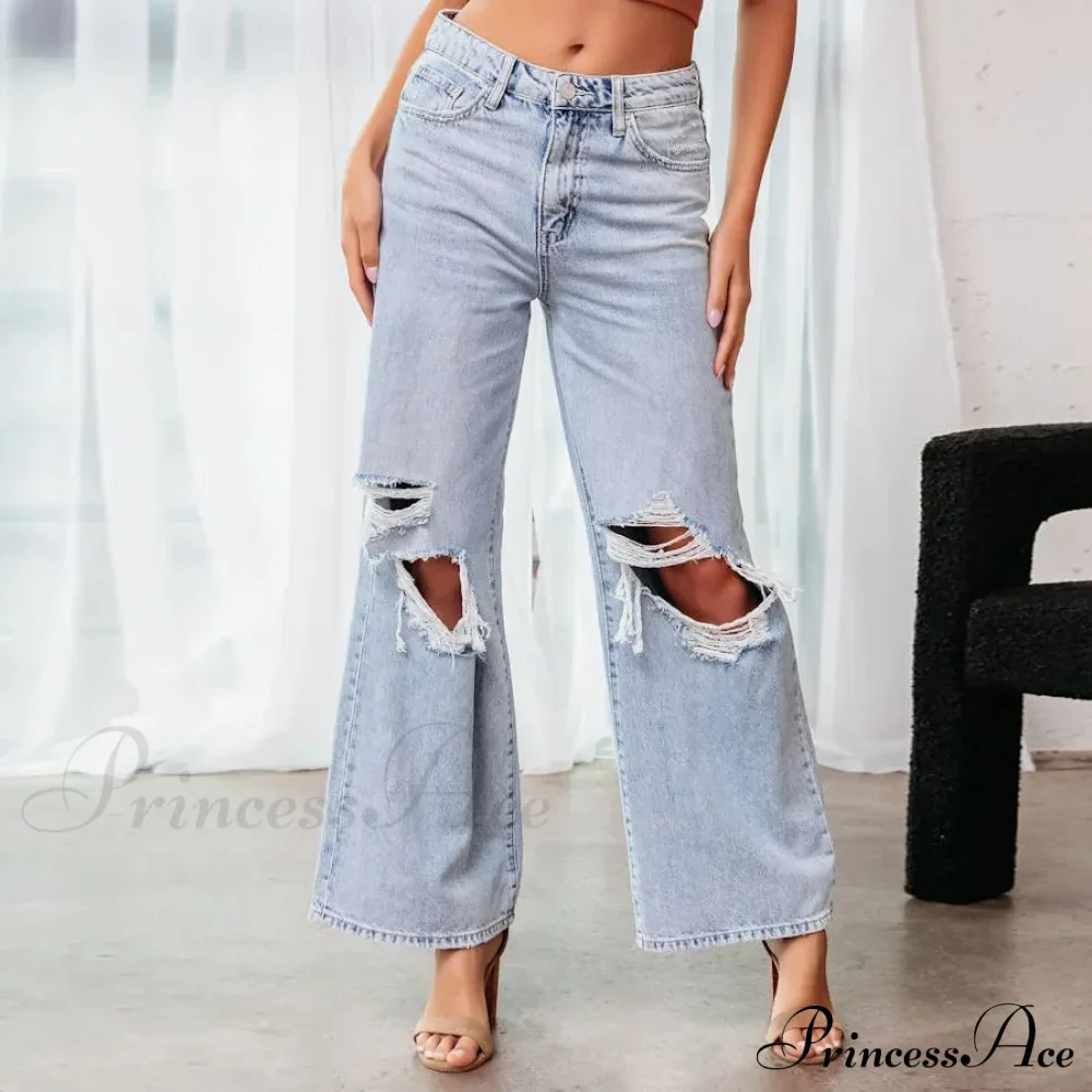 Fall High Waist Ripped New Blue Streetwear Casual Wide Leg Baggy Trendy Fashionable Denim Jean - Image 7