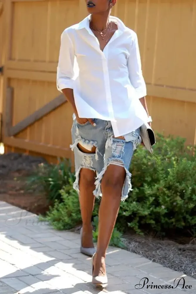 Fashion Holes Ripped Straight Denim Shorts Summer Streetwear Knee Length Women Shorts High Waist Casual Jean - Image 5
