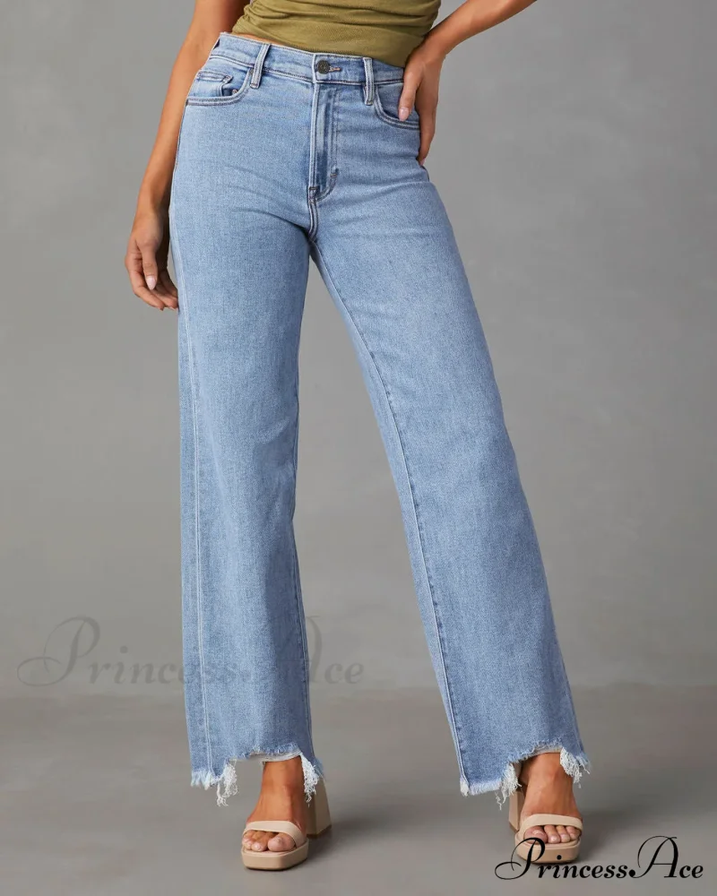 New Women's Women Simple Casual High Waist Wide-leg Trousers Irregular Tassels Women Streetwear All-match Female Pant Jean