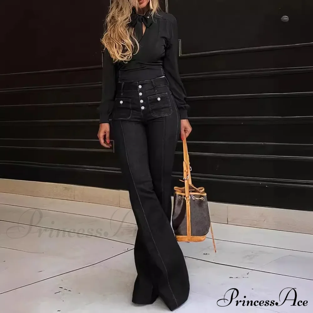 Spring Summer New Retro High Waist Stitching Washed Stretch Slim Bell-Bottom Denim Jean - Image 4