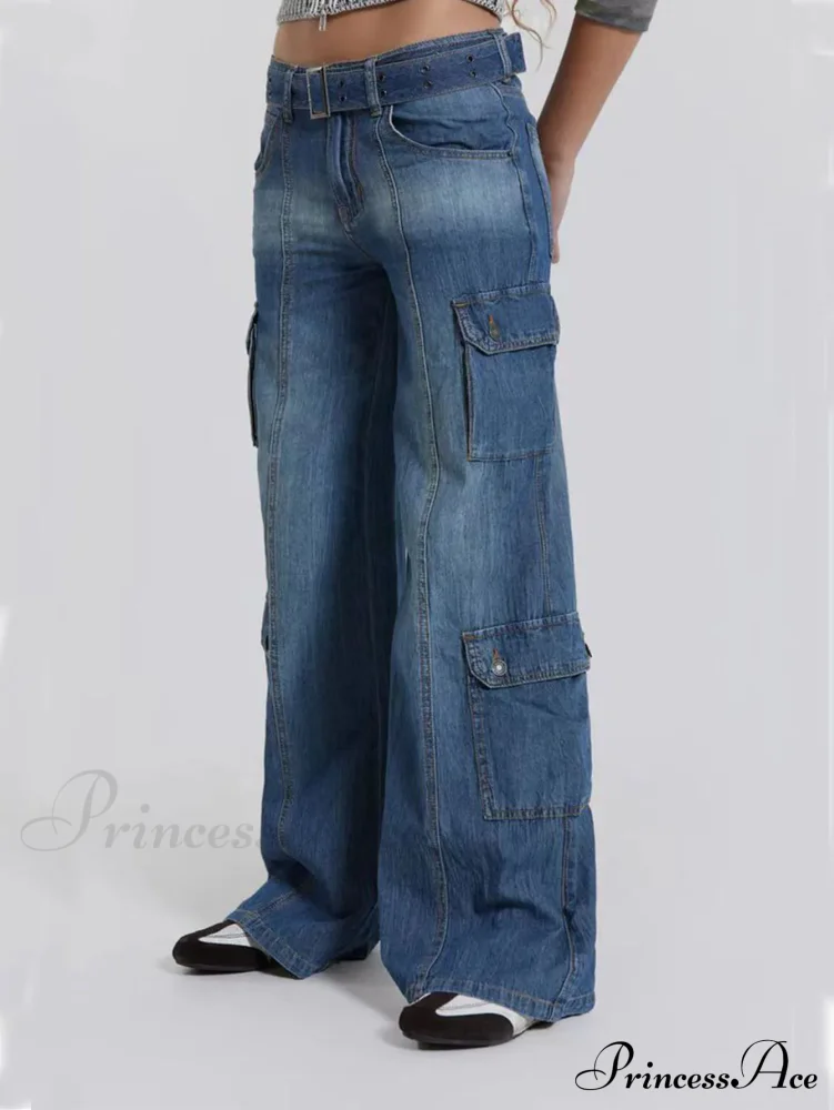 Wide Leg High Waist Patchwork Baggy Cargo Streetwear Y2k Vintage Denim Jean Stylish Loose High Waist Solid Color Casual Wild Wide Leg Multi Pockets Jean New Skinny Elastic Denim High-Waisted European American Style Pack Hip Pencil Jean - Image 3