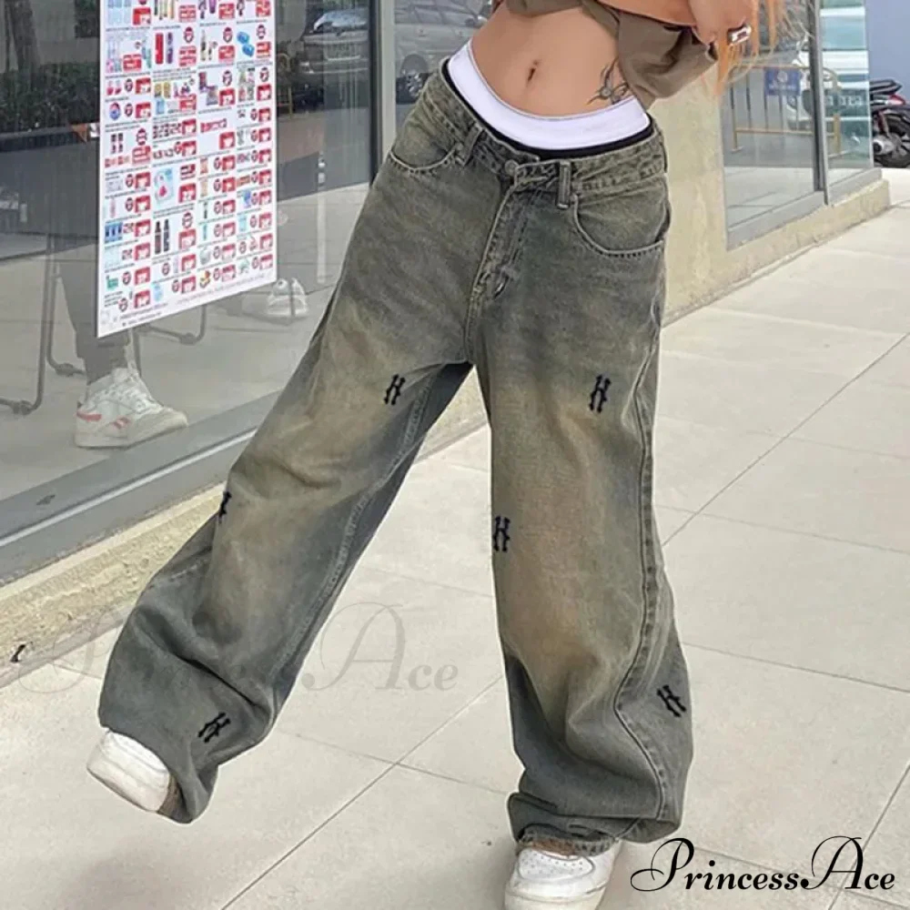 Letter Straight Wide Leg Denim Low Waist Vintage Oversized Hip Hop Harajuku Cargo Jean