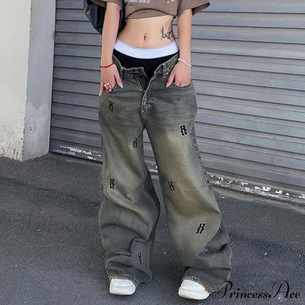 Letter Straight Wide Leg Denim Low Waist Vintage Oversized Hip Hop Harajuku Cargo Jean - Image 4