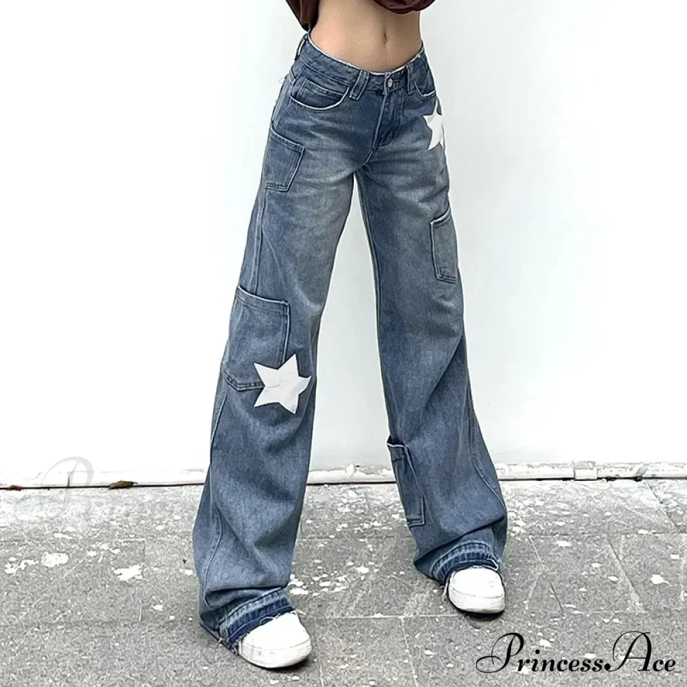 Low Rise Flared Retro Star Print Pockets Distressed Burr Y2K Streetwear Denim Jean - Image 3