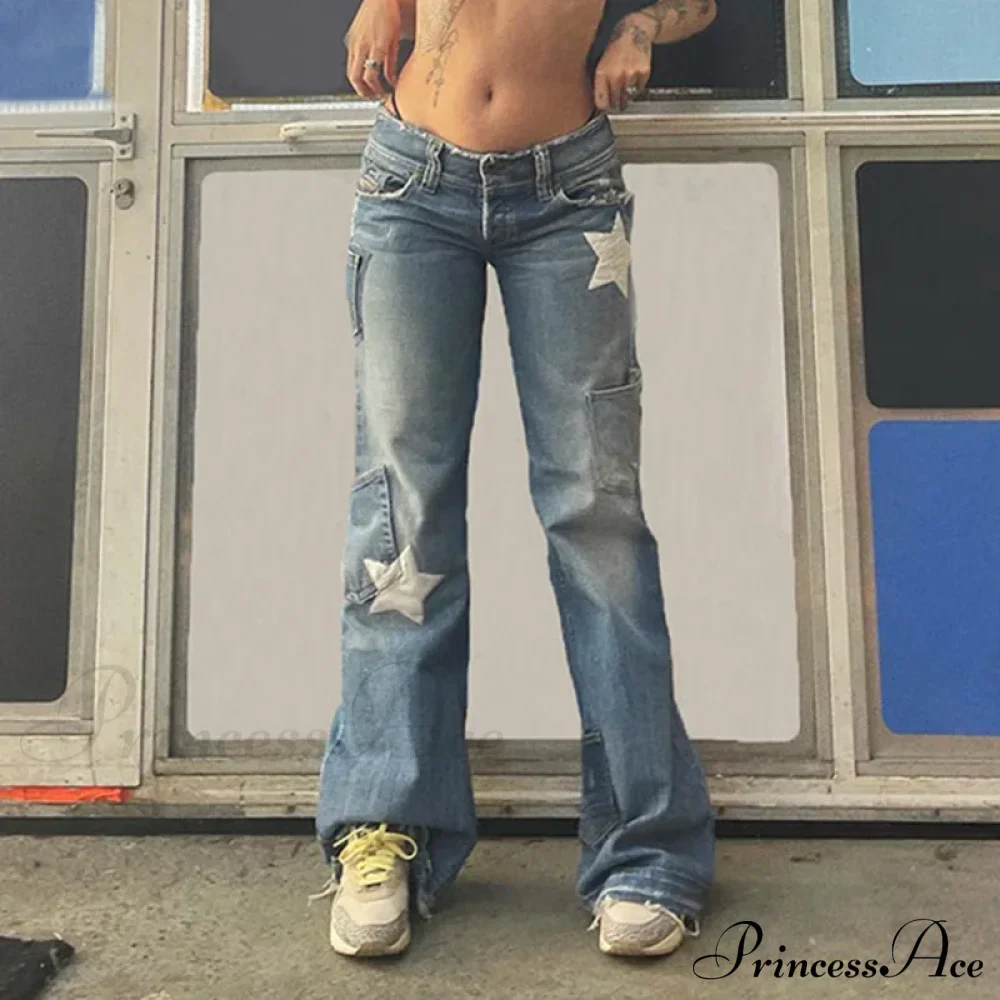 Low Rise Flared Retro Star Print Pockets Distressed Burr Y2K Streetwear Denim Jean - Image 5