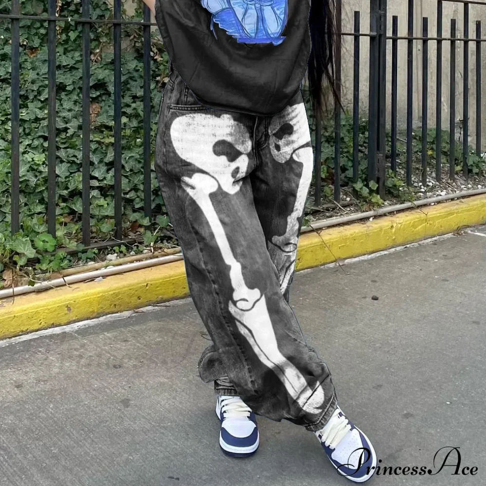Personality Skull Print High Waist Straight Leg Slouchy American Street Y2K Jean - Image 7